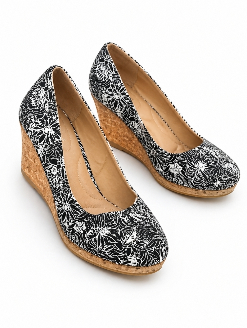 Black & White Floral Cork Wedge Heels Comfort Fit Cushioned Insole Slip-On 9.5